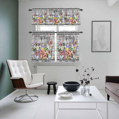 Spring Flowers Kitchen Curtains Set 3 Piece for Windows, Rod Pocket Valance and Tier Set 36 Inch Length, Farmhouse Black Plaid Wood Grain Light Filtering Cafe Curtains for Living Room Bathroom
