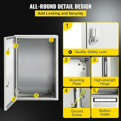 VEVOR NEMA Steel Enclosure, 24 x 16 x 10'' NEMA 4X Steel Electrical Box, IP66 Waterproof & Dustproof, Outdoor/Indoor Electrical Junction Box, with Mounting Plate