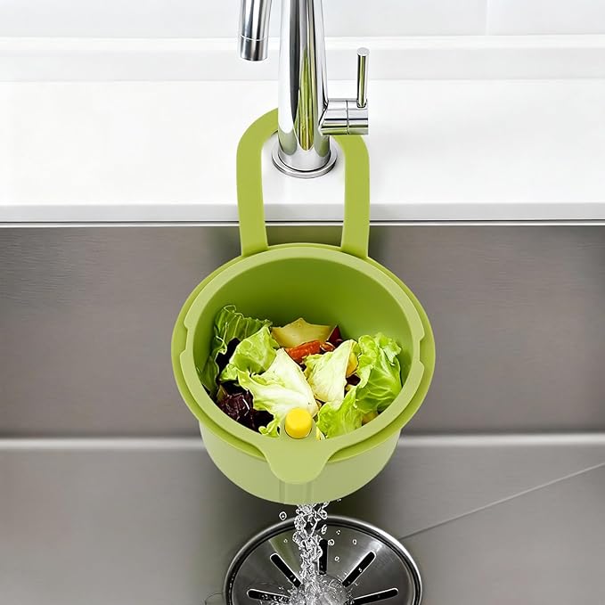 JOMCYDM Kitchen Sink Basket, Faucet Hanging Draining Basket, Kitchen Waste Catcher Hands-Free Press to Empty, Prevents Clogs & Messy Scraping (Green)