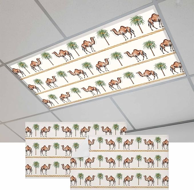 Fluorescent Light Covers for Ceiling Lights Desert Camel Magnetic Light Filters 2 Pack 4x2 ft Boho Southwest Date Trees Ceiling Lights Cover for Classroom Office School Home Drop Lamp Decor