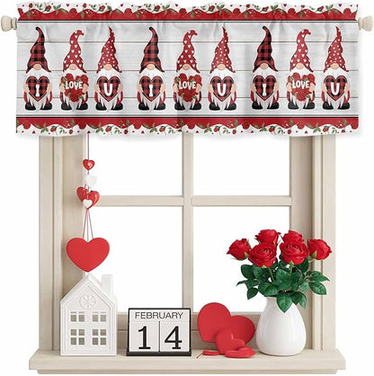 I Love U Valance Curtains for Kitchen, Valentine's Day Dwarf Romantic Wood Grain Privacy Rod Pocket Valance Curtain, Light-Filtering Window Treatment for Bedroom Bathroom, 60"x18"