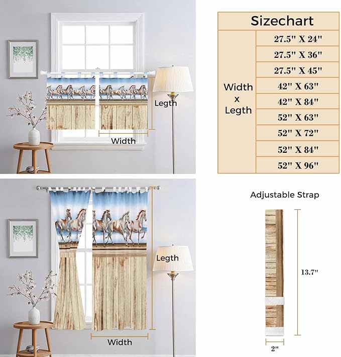 Western Horse Bedroom Curtains 72 Inch Length, Window Curtains Tab Top, Farmhouse Wooden Grain Vintage Cowboy Barn Door Light Filtering Window Treatments Drapes 52"x72" 2 Panel