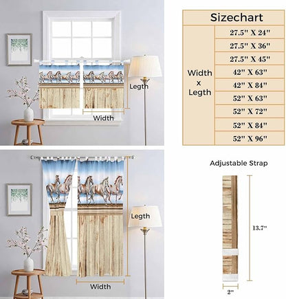Western Horse Bedroom Curtains 72 Inch Length, Window Curtains Tab Top, Farmhouse Wooden Grain Vintage Cowboy Barn Door Light Filtering Window Treatments Drapes 52"x72" 2 Panel