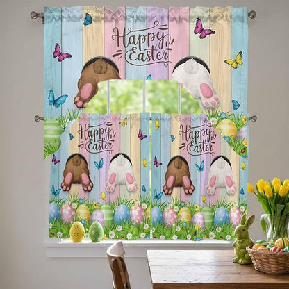 Swag Valance Curtains, Happy Easter Rabbit Butt Egg on Daisy Leaf Rod Pocket Valances Swag Topper for Kitchen Windows, Bufferfly on Wood Barn Light Filtering Short Curtain for Bedroom Bathroom 56x36In