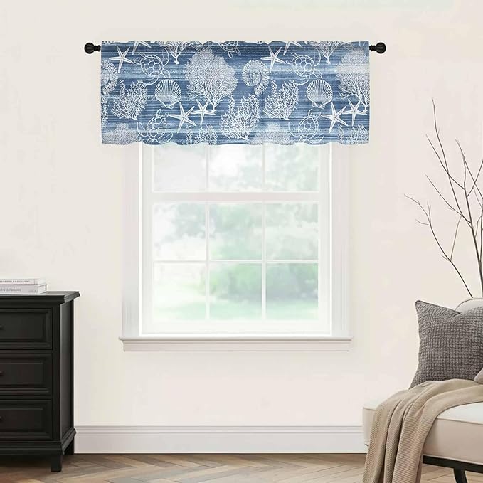 Navy Blue Retro Summer Sheer Valance Curtains, Sea Turtle Starfish Coral Ocean Light Filtering Kitchen Valances Rod Pocket Voile Curtain Window Treatment for Bedroom/Living Room/Basement 42Wx12L