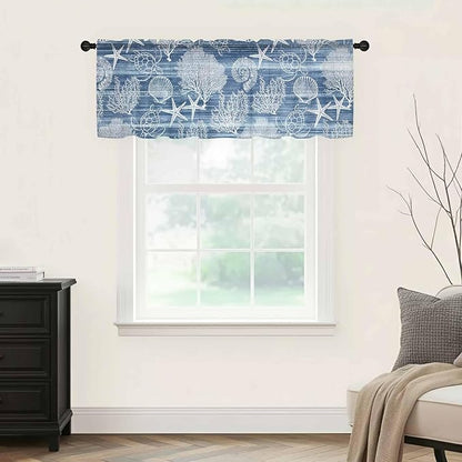 Navy Blue Retro Summer Sheer Valance Curtains, Sea Turtle Starfish Coral Ocean Light Filtering Kitchen Valances Rod Pocket Voile Curtain Window Treatment for Bedroom/Living Room/Basement 42Wx12L