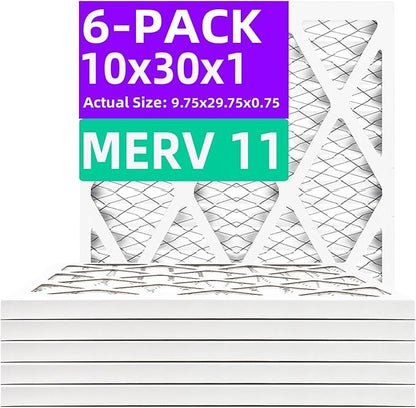 10x30x1 MERV 11 (6-Pack) Pleated Air Filter (Actual Size: 9.75x29.75x0.75") MPR 1200 & FPR 7, Furnace Air Filters,10x30x1 air filter