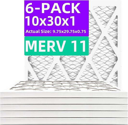 10x30x1 MERV 11 (6-Pack) Pleated Air Filter (Actual Size: 9.75x29.75x0.75") MPR 1200 & FPR 7, Furnace Air Filters,10x30x1 air filter