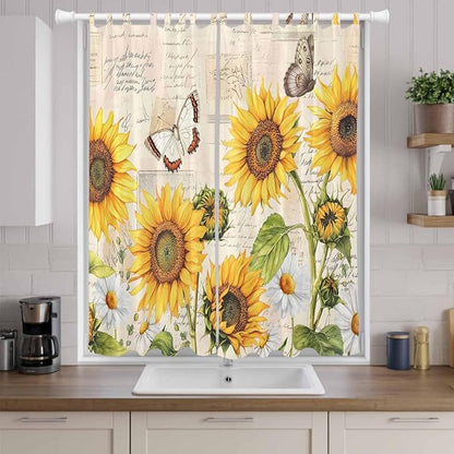 Yellow Sunflowers Living Room Curtains 84 Inch Length, Window Curtains Tab Top, Country Farm Butterfly Flower Light Beige Light Filtering Window Treatments Drapes 52"x84" 2 Panel