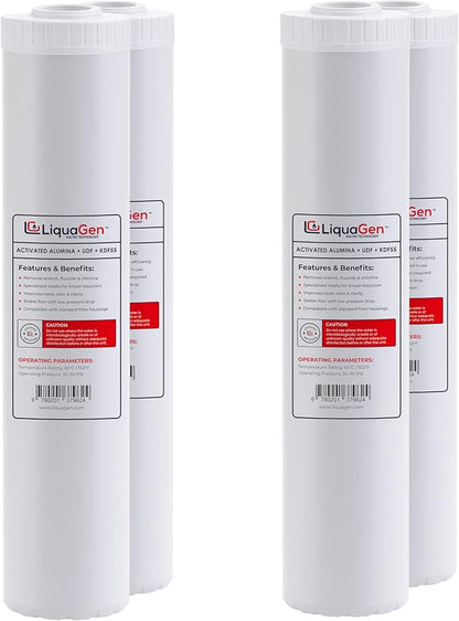 LiquaGen Activated Alumina + Carbon + KDF-55 Replacement Water Filter Cartridge – Helps Manage Fluoride, Chlorine & Taste, Refillable 2.5" x 10", 2.5" x 20", 4.5" x 10", 4.5" x 20" (4, 4.5" x 20")