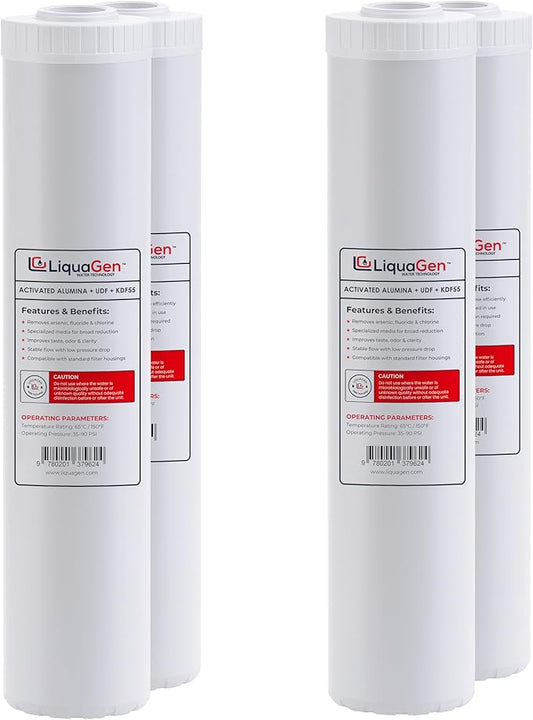 LiquaGen Activated Alumina + Carbon + KDF-55 Replacement Water Filter Cartridge – Helps Manage Fluoride, Chlorine & Taste, Refillable 2.5" x 10", 2.5" x 20", 4.5" x 10", 4.5" x 20" (4, 4.5" x 20")