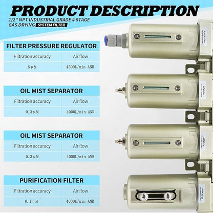 1/2" NPT Industrial Grade 4 Stage Gas Drying System, Coalescing Filter, Desiccant Dryer, Auto Drain, Compatible with Paint Spray, Plasma Cutter (Auto Version)