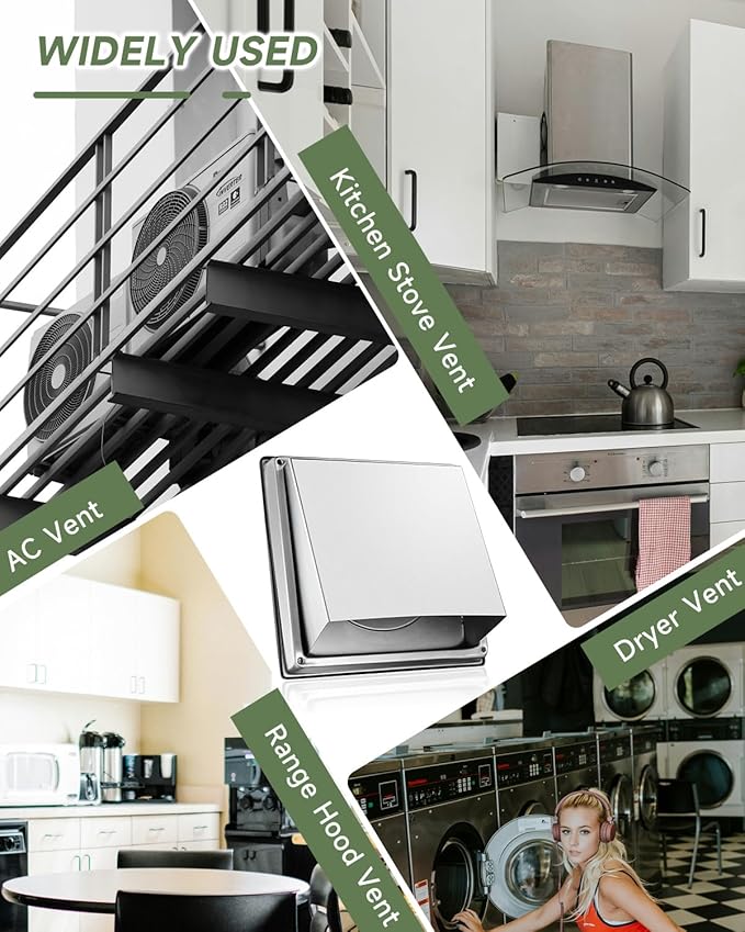 Upgraded 4" Stainless Steel 304 Dryer Vent Cover Outdoor - Rubber Cushioned Non-Return Flap (Noise Reduction) Air Vent with Built-in Fly Screen & 6 Screws for Bathroom Exhaust Vent Office Home