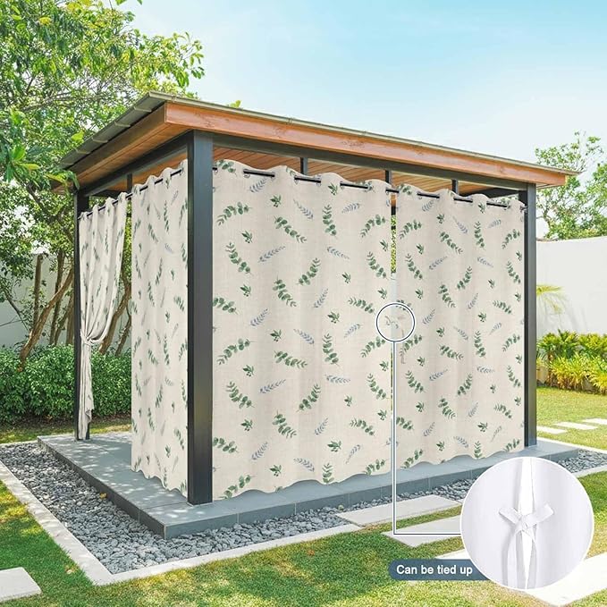 Leaf Outdoor Curtains for Patio Summer Jugal Leaves Pastoral Plant Linen Waterproof Outside Curtains with Grommet Top Weatherproof Curtain for Cabana Pergola Gazebo, 2 Pack, 54" W x 84" L