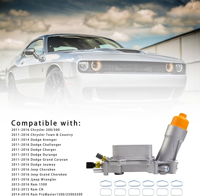 926-959 Aluminum Engine Oil Filter Housing Oil Cooler Kit with Gaskets & Sensors Compatible with 2011-2016 Chrysler Charger Challenger Journey Wrangler Ram Promaster 3.6L (orange)