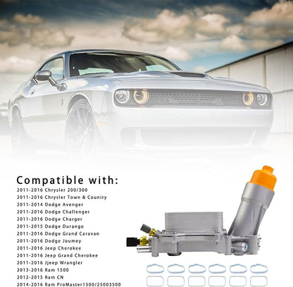 926-959 Aluminum Engine Oil Filter Housing Oil Cooler Kit with Gaskets & Sensors Compatible with 2011-2016 Chrysler Charger Challenger Journey Wrangler Ram Promaster 3.6L (orange)