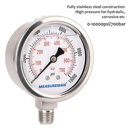 MEASUREMAN 2-1/2" dial,Glycerin Filled Hydraulics Pressure Gauge Stainless Steel case, 316 SS Wetted Part, 0-10000psi/bar1/4 NPT,Lower Mount