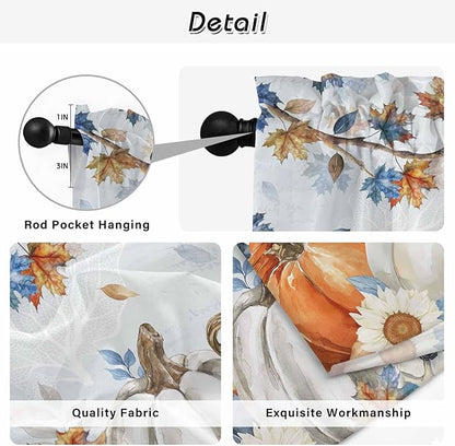 Fall Blue Maple Window Curtains 63 Inch Long 2 Panel Set, Rod Pocket Bedroom Curtains & Drapes, Thanksgiving Pumpkins Daisy Country Leaves Light Filtering Window Treatment for Living Room 42"W x 63"L