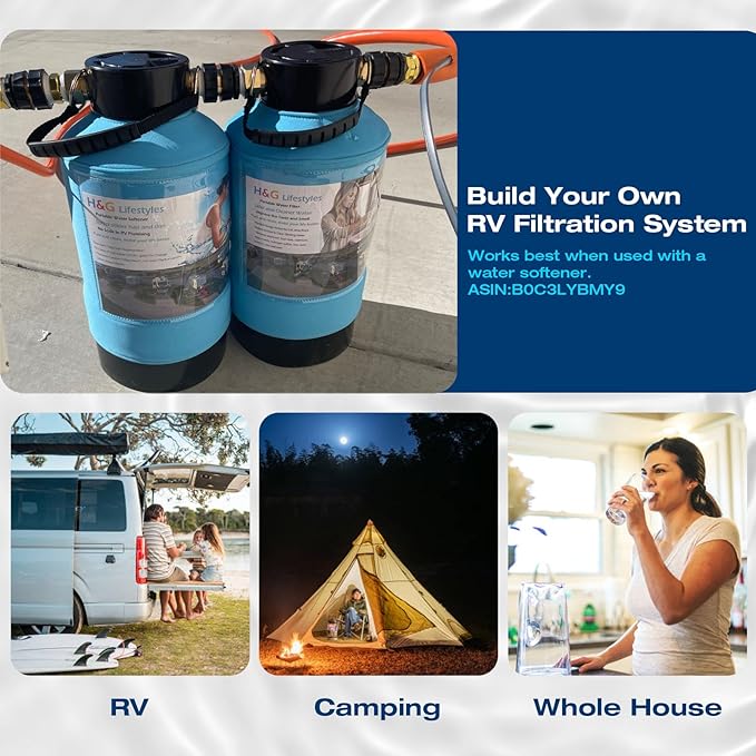 H&G lifestyles ‎RV Water Filter System,KDF GAC Carbon Water Filter for RV, Reduce Sulfur Odor Chlorine Heavy Metal,Improve Water Taste, with 3/4" GHT Brass Adapter,Water Filtration System for Camping