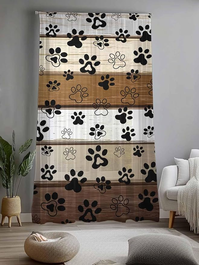 Sheer Curtains 108 Inches Long, Brown Beige Farmhouse Semi Sheer Curtains Light Filtering Window Treatment, Black Dog Paw Vintage Wooden Privacy Voile Drapes for Living Room Bedroom 52x108 Inch