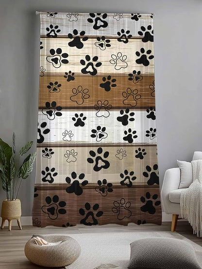 Sheer Curtains 108 Inches Long, Brown Beige Farmhouse Semi Sheer Curtains Light Filtering Window Treatment, Black Dog Paw Vintage Wooden Privacy Voile Drapes for Living Room Bedroom 52x108 Inch