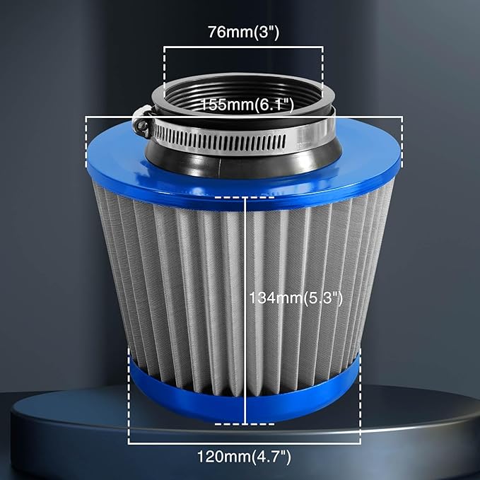 3" 76mm Universal High Flow Cold Air Intake Air Filter Upgraded Stainless Steel Cone Filter(Blue)