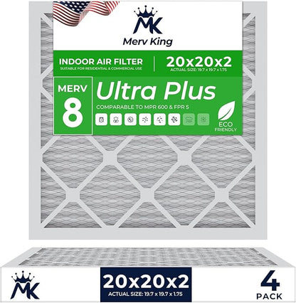 MervKing 20x20x2 Air Filter Actual Size: 19.7" x 19.7" x 1.75" MERV 8 MPR 600-700 | MADE IN USA | 4-Pack | Pleated HVAC AC Furnace Replacement