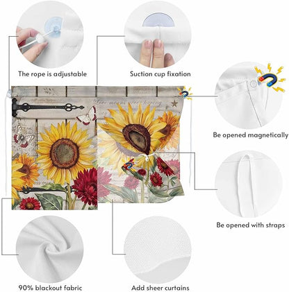 Red Yellow Sunflowers Magnetic Double Layer Car Window Shades,Side Window Curtains for Blackout/Breathable Mesh View,Retro Rustic Barn Doors Butterfly Brown Heat Protection Sun Shades 26x20in 2pcs