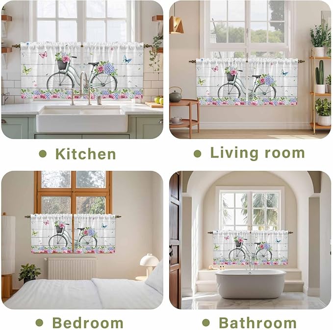 Spring Tier Curtains, Bicycles Botanical Rose Leaves Butterfly Wood Grain Light Filtering Kitchen Curtains, 2Pcs Rod Pocket Half Window Treatments Panels for Sink Cafe Cabinet Camper 27.5x24 Inches