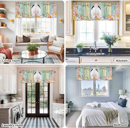 Easter Curtain Valances for Windows, Kitchen Valance Window Treatment, Spring Colorful Bunny Eggs Flower Wood Grain Light Filtering Block Curtains for Bathroom/Bedroom/Living Room 42'' x 18''