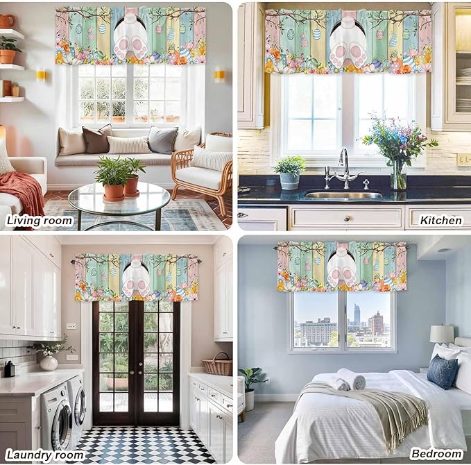 Easter Curtain Valances for Windows, Kitchen Valance Window Treatment, Spring Colorful Bunny Eggs Flower Wood Grain Light Filtering Block Curtains for Bathroom/Bedroom/Living Room 42'' x 12''
