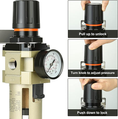 Hromee 1/2 Inch Compressed Filter Regulator Combo, Air Compressor Water Oil Trap Separator with Pressure Gauge, Semi-Auto Drain and Bracket