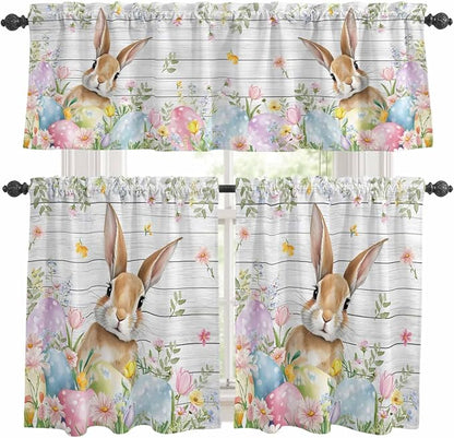 Kitchen Curtains Tiers and Valance Set of 3, Easter Light Filtering Window Curtain Set, Rustic Spring Bunny Eggs Botanical Grey Wooden Rod Pocket Curtain Drapes for Cafe, Living Room, 24 Inches Tiers