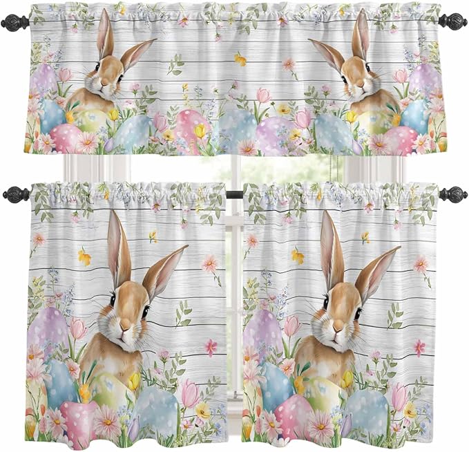 Kitchen Curtains Tiers and Valance Set of 3, Easter Light Filtering Window Curtain Set, Rustic Spring Bunny Eggs Botanical Grey Wooden Rod Pocket Curtain Drapes for Cafe, Living Room, 36 Inches Tiers