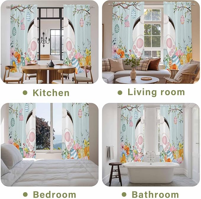 Easter Bunny Window Curtains 72 Inch Long 2 Panel Set,Rod Pocket Long Curtains & Drapes,Easter Eggs Spring Farmhouse Wood Grain Teal Blue Light Filtering Window Treatment for Bedroom 52"W x 72"L