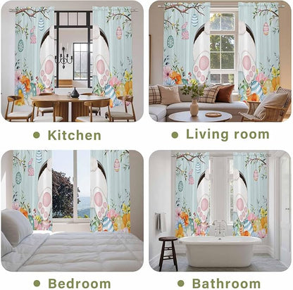 Easter Bunny Window Curtains 72 Inch Long 2 Panel Set,Rod Pocket Long Curtains & Drapes,Easter Eggs Spring Farmhouse Wood Grain Teal Blue Light Filtering Window Treatment for Bedroom 52"W x 72"L