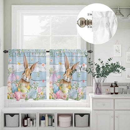 Kitchen Curtains Tiers and Valance Set of 3, Easter Light Filtering Window Curtain Set, Farmhouse Spring Rabbit Eggs Flowers Wooden Board Rod Pocket Curtain Drapes for Living Room, 36 Inches Tiers