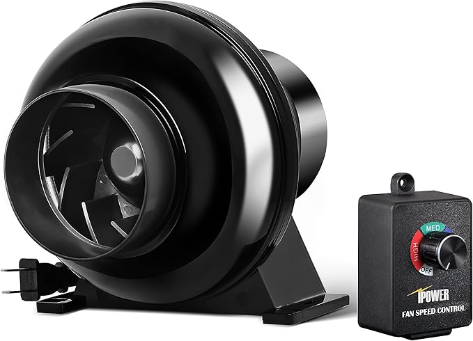 iPower 4 Inch 195 CFM Exhaust Inline Duct Vent Booster Blower with Variable Indoor Grow Tent Hydroponics Ventilation, Quiet, 4'' Fan with Speed Controller New, Black