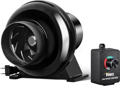 iPower 4 Inch 195 CFM Exhaust Inline Duct Vent Booster Blower with Variable Indoor Grow Tent Hydroponics Ventilation, Quiet, 4'' Fan with Speed Controller New, Black