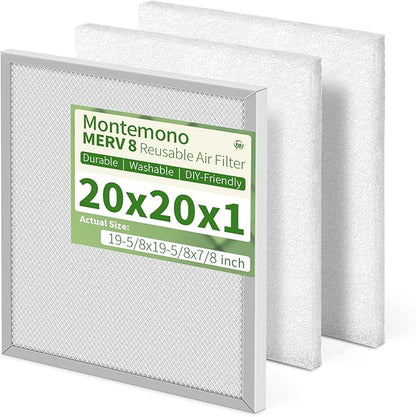 20x20x1 Reusable Air Filter MERV 8 Washable Furnace & AC Filter with 2 Extra Media Pads, Aluminum Electrostatic Air Filters for Home, Fits HVAC System, Air Conditioner, Air Handler