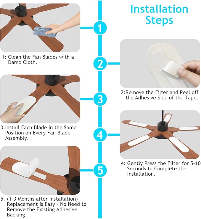 2026 Upgrade 5pcs Ceiling Fan Filters for Blades Easy-Stick Strong Fixity Activated Coconut Carbon Fan Filter for Ceiling Fan, Universal Fan Blade Air Fresh Purifier Cat Litter Box Filter, White