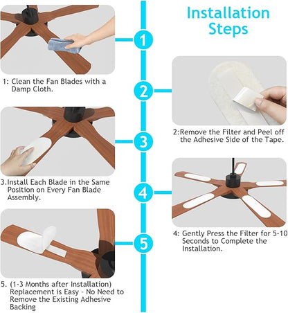 2026 Upgrade 5pcs Ceiling Fan Filters for Blades Easy-Stick Strong Fixity Activated Coconut Carbon Fan Filter for Ceiling Fan, Universal Fan Blade Air Fresh Purifier Cat Litter Box Filter, White