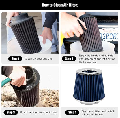 RYANSTAR RACING 89mm 3.5" High Flow Round Tapered Cone Cool Air Filter Cleaner with Top Filter Design Short 150mm tall Blue