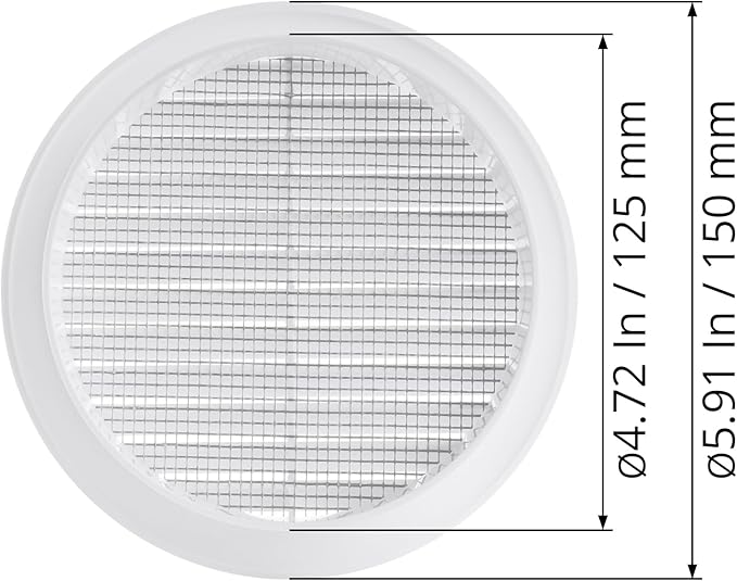 White 5" Inch Round Ventilation Grille with Screen mesh. (Duct 5Ø / Grille 6Ø) Ventilation Applications. Indoor and Outdoor Vent Cover. Available 3 Sizes / 4 Colors.