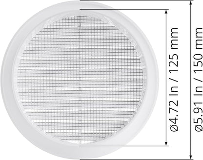 White 5" Inch Round Ventilation Grille with Screen mesh. (Duct 5Ø / Grille 6Ø) Ventilation Applications. Indoor and Outdoor Vent Cover. Available 3 Sizes / 4 Colors.