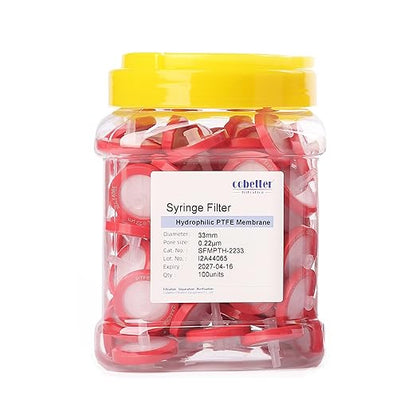 100 Pack Syringe Filter PTFE Lab Filters 0.22μm Pore Size 33mm Diameter hydrophilic Filtration Non-sterile Red