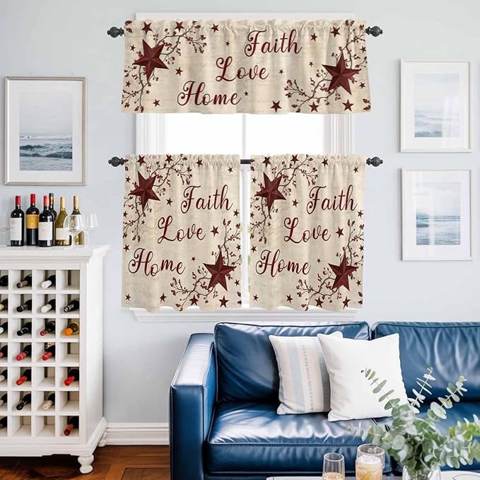 Kitchen Curtains Tiers and Valance Set of 3, Vintage Country Light Filtering Window Curtain Set, Vintage Rustic Texas Stars Plants Branch Rod Pocket Curtain Drapes for Living Room, 36 Inches Tiers