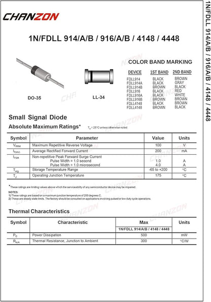 (Pack of 100 Pieces) Chanzon 1N914 Small Signal Fast Switching Diodes High-Speed Axial 200mA 100V DO-35 (DO-204AH) IN914 914 200 mA 100 Volt