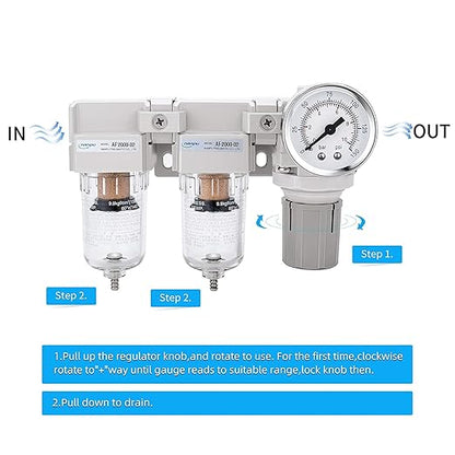 NANPU 1/4" NPT Air Drying System - Double Air Filters, Air Pressure Regulator Combo - Semi-Auto Drain, Poly Bowl