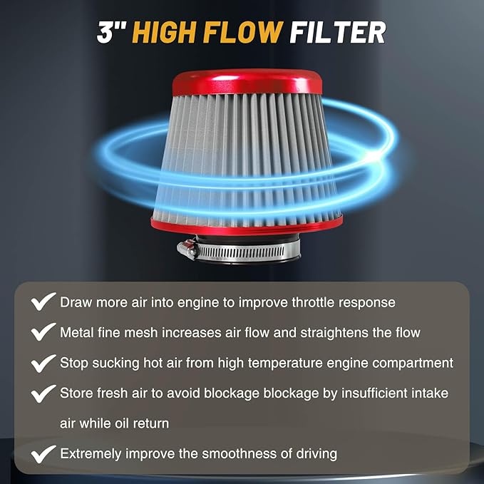 3" 76mm Universal High Flow Cold Air Intake Air Filter Upgraded Stainless Steel Cone Filter(Red)